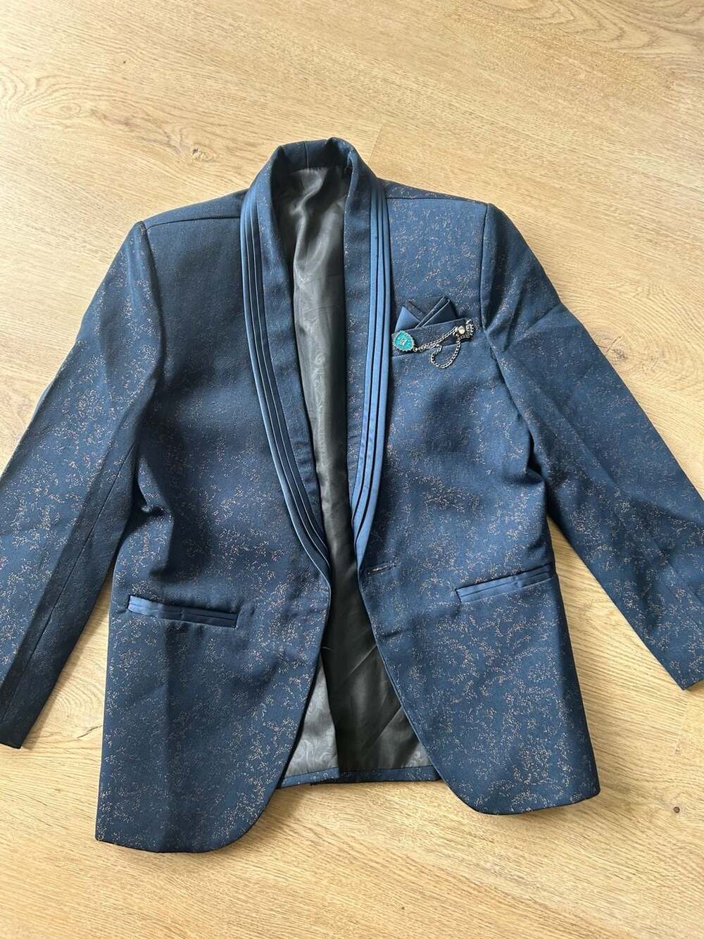Syclone Ethnic Wear Boys Navy Blue Gold Floral Jacquard Blazer Jacket with Brooc